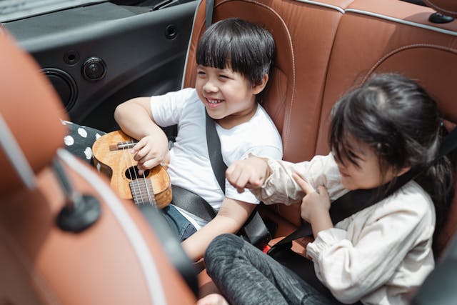 twee kinderen met autogordel om op de achterbank van de auto